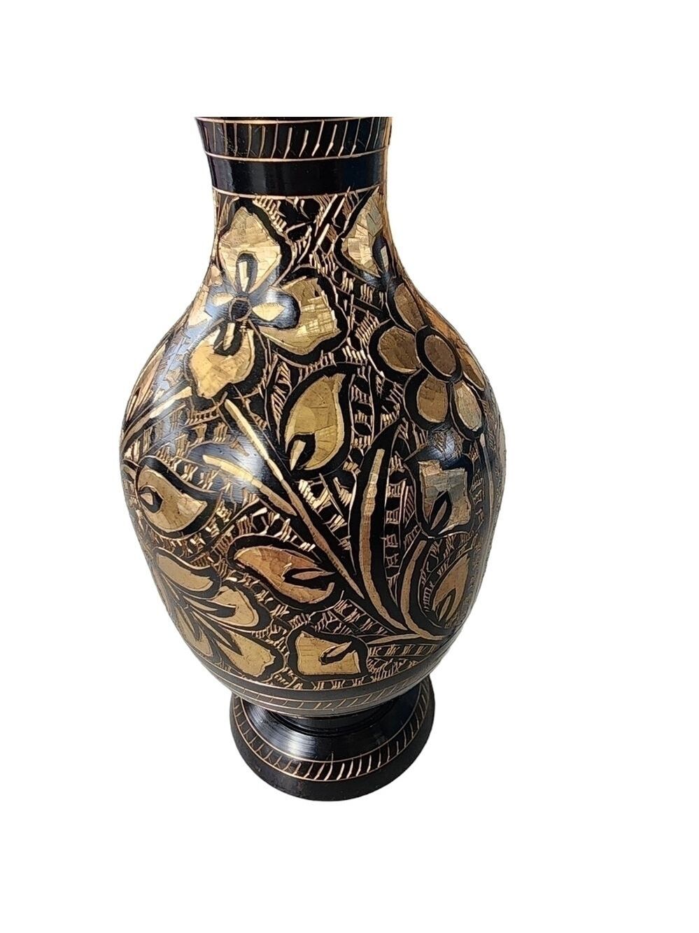 Vintage Indian Brass bud vase etched gold black floral design - Picture 9 of 15